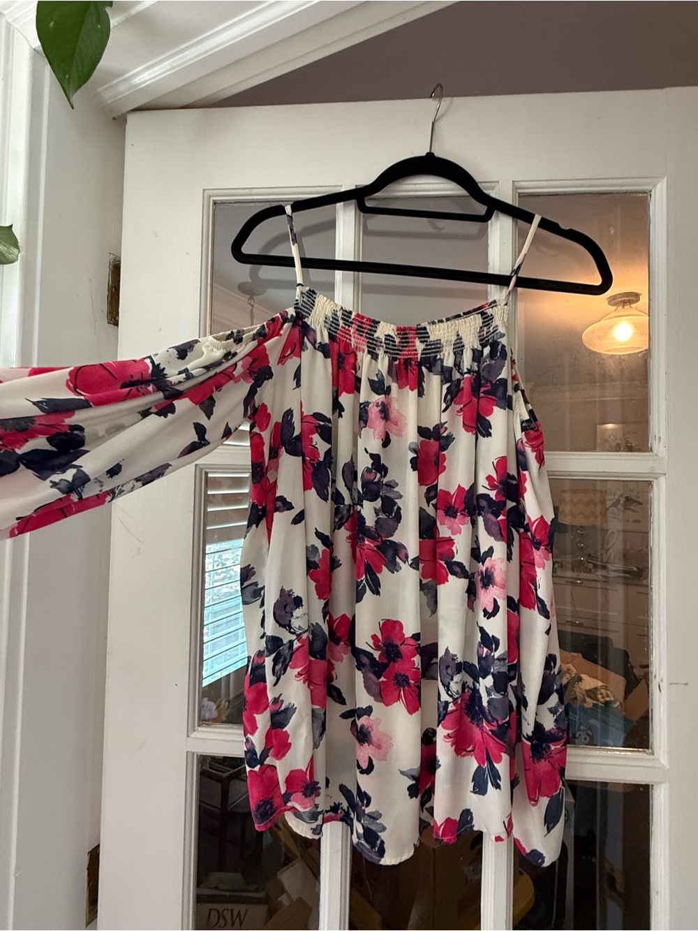 Floral Off-Shoulder Spaghetti Strap Top in White with Pink & Navy Blooms